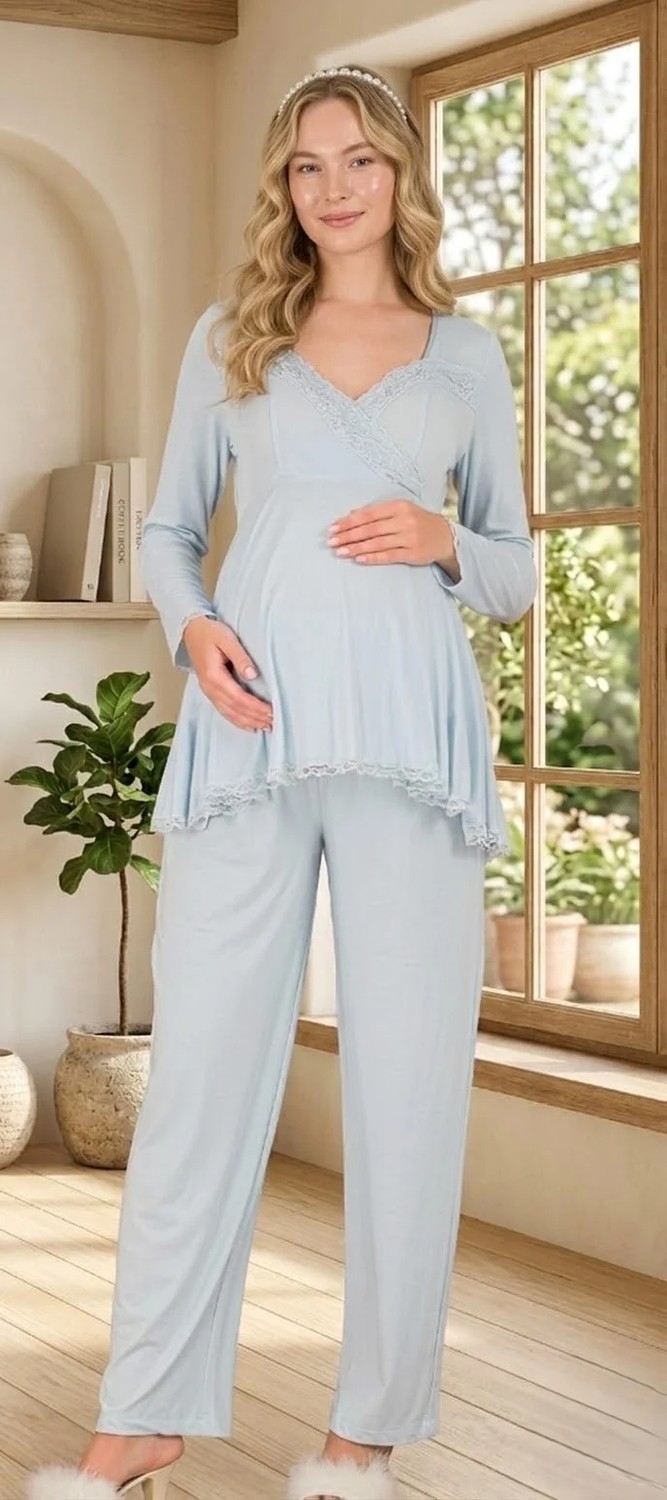 raia Yeni Sezon Mavi Hamile Şık Dantel Detaylı Emzirme Özellik Tasarım Yazlık Sabahlık Pijama Takım Seti görsel 2