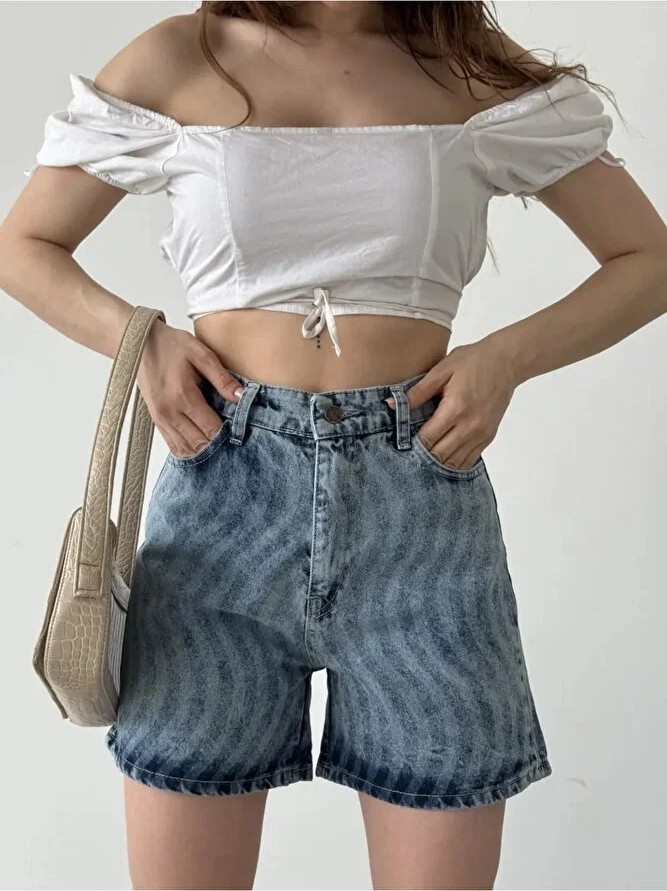 Caddebostan Moda Kadın Yüksek Bel Desenli Paçası Püsküllü Denim Şort