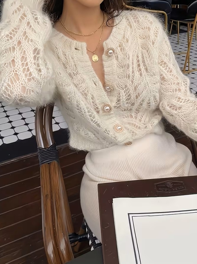 Ugdelia Kadın Ajurlu Desenli Ekru Triko Hırka görsel 2