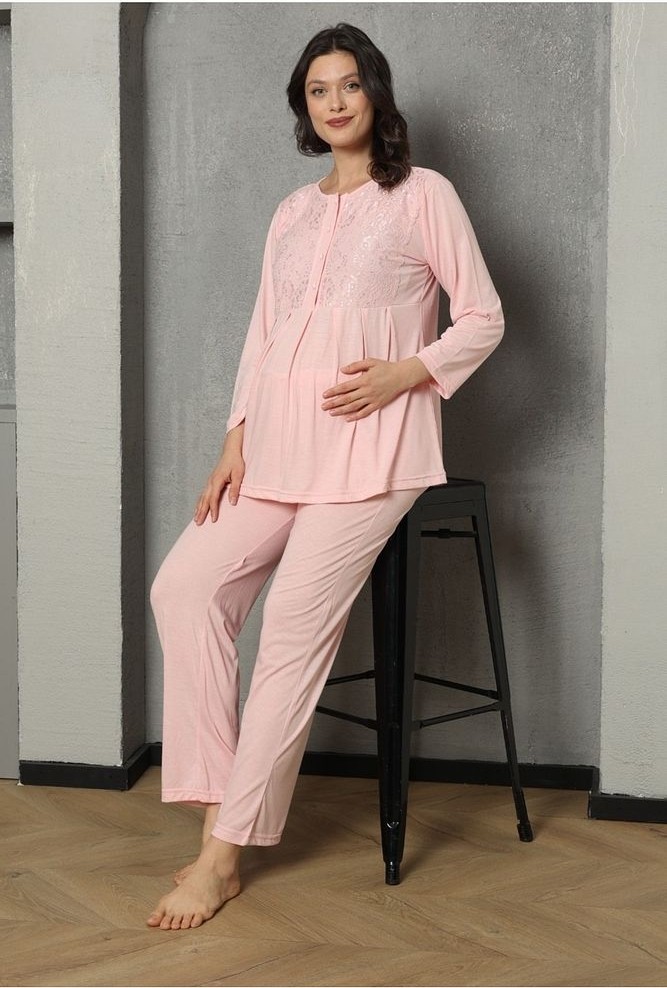 Lady Time Göğüs ve Omuz Dantel Detaylı Kadın Hamile Pijama Takımı 1030
