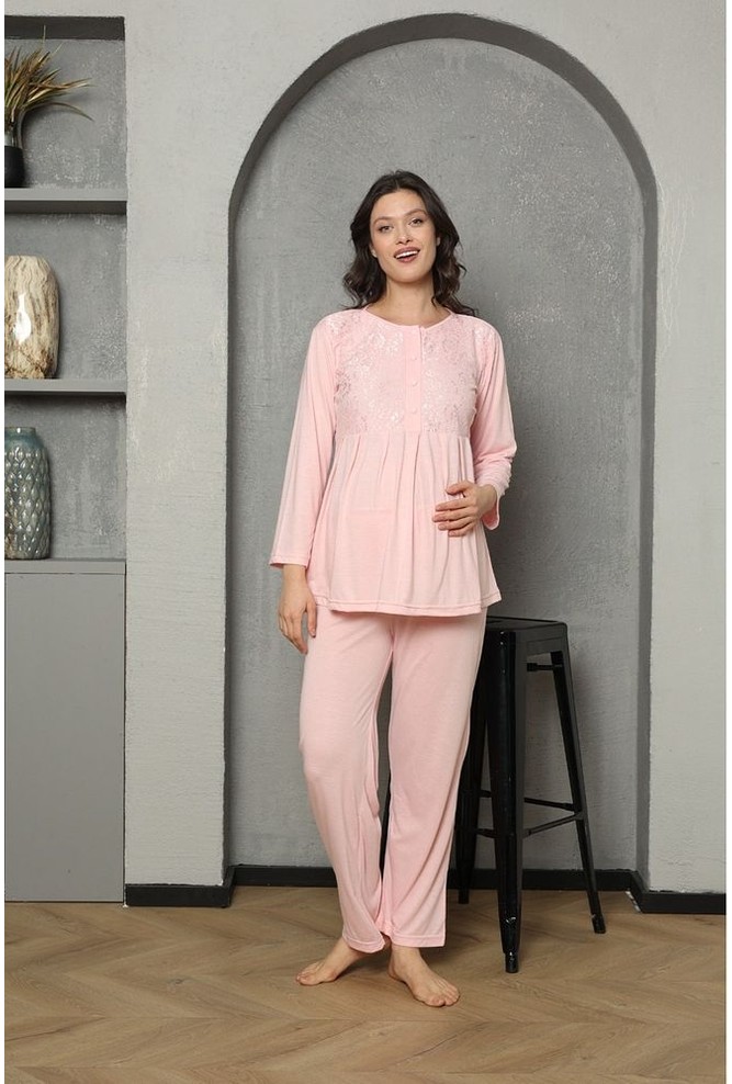Lady Time Göğüs ve Omuz Dantel Detaylı Kadın Hamile Pijama Takımı 1030 görsel 2