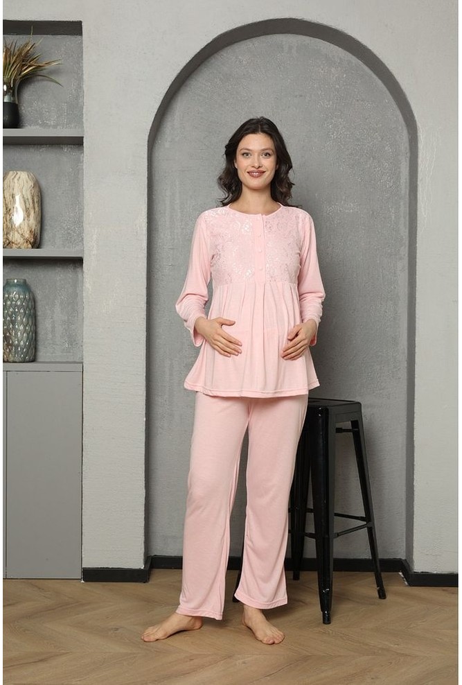Lady Time Göğüs ve Omuz Dantel Detaylı Kadın Hamile Pijama Takımı 1030 görsel 3