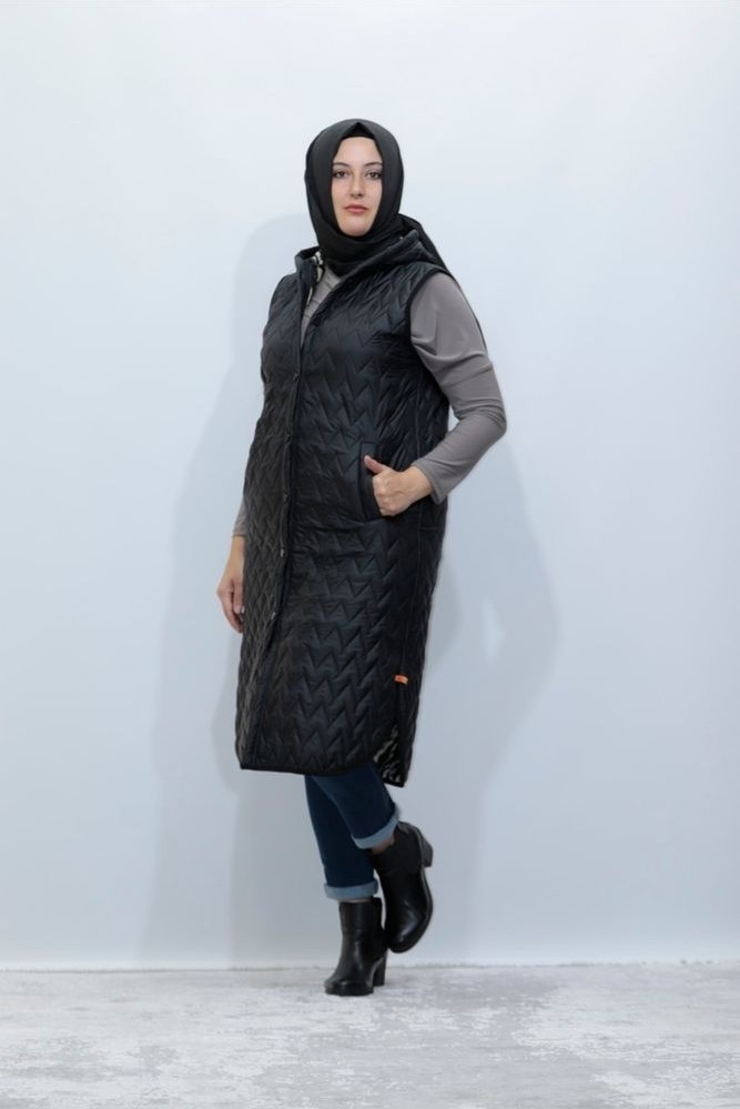 Zey&Ka Butik Zebra Desen Kürklü Kapitone Düğmeli Yelek görsel 3