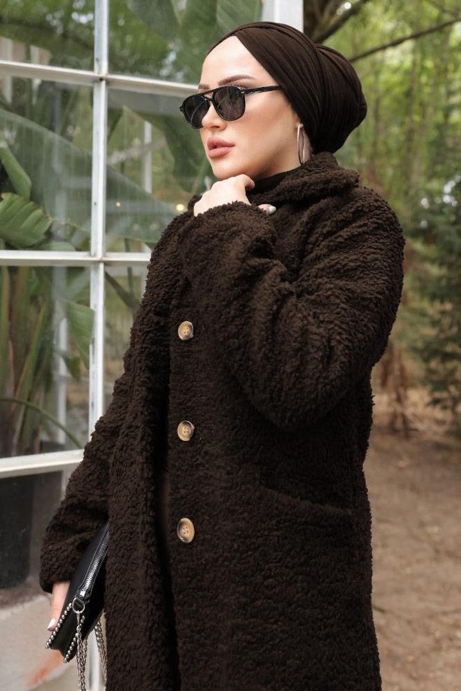 Kruvaze Yaka Peluş Mont Kahverengi HM2507 görsel 3