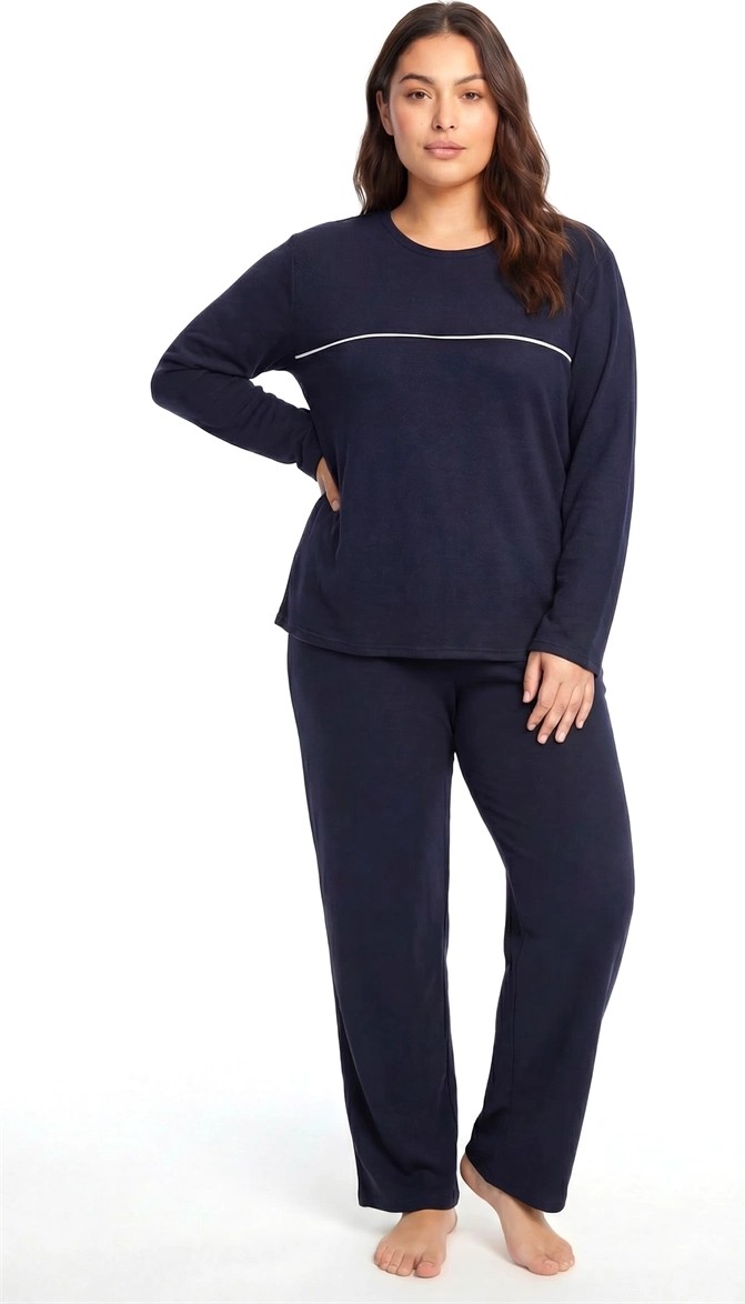 mery Kadın Büyük Beden Lacivert Uzun Kollu Pijama Takımı Şerit Detaylı Rahat Ev Giyim Seti Mery görsel 2