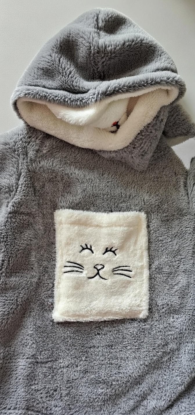 Caspara Kedi Nakışlı Kapüşonlu Premium Kadın Wellsoft Premium Wellsoft Peluş Sabahlık / Bornoz görsel 6