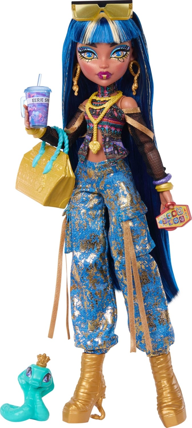 Esranın Dünyası Monster High Kısa Bluz ve Altın Rengi Detaylı Kot Kargo Pantolon Giyen Monster High Cleo De Nile Bebek, Evcil Yılanı Hissette ve Salata, Smoothie ve Çanta Gibi 7 Aksesuar, JHK32