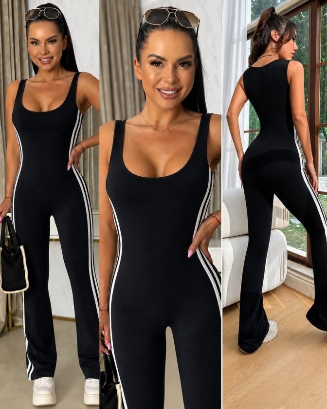 TeknoKapsül Kadın Askılı Kare Yakalı Yandan Şeritli Uzun Dalgıç Tulum - Siyah / L-Xl görsel 2