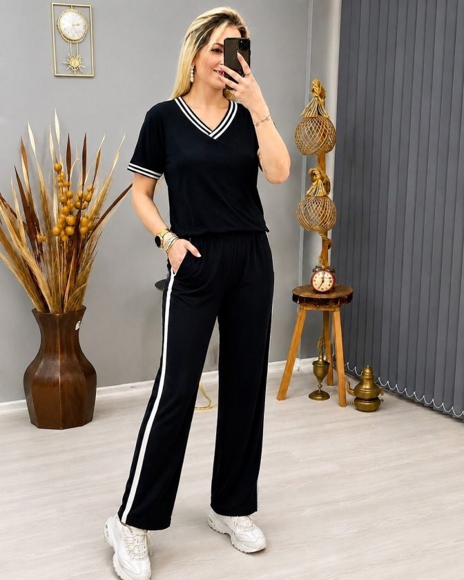 TeknoKapsül Kadın Kısa Kollu V Yakalı Viskon Iki Iplik Bluz ve Pantolon Ikili Takım - Siyah / L-Xl görsel 2