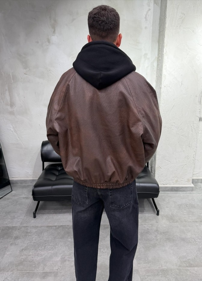 Difransel Jeans Oversize Kahve Suni Deri Bomber Ceket görsel 2