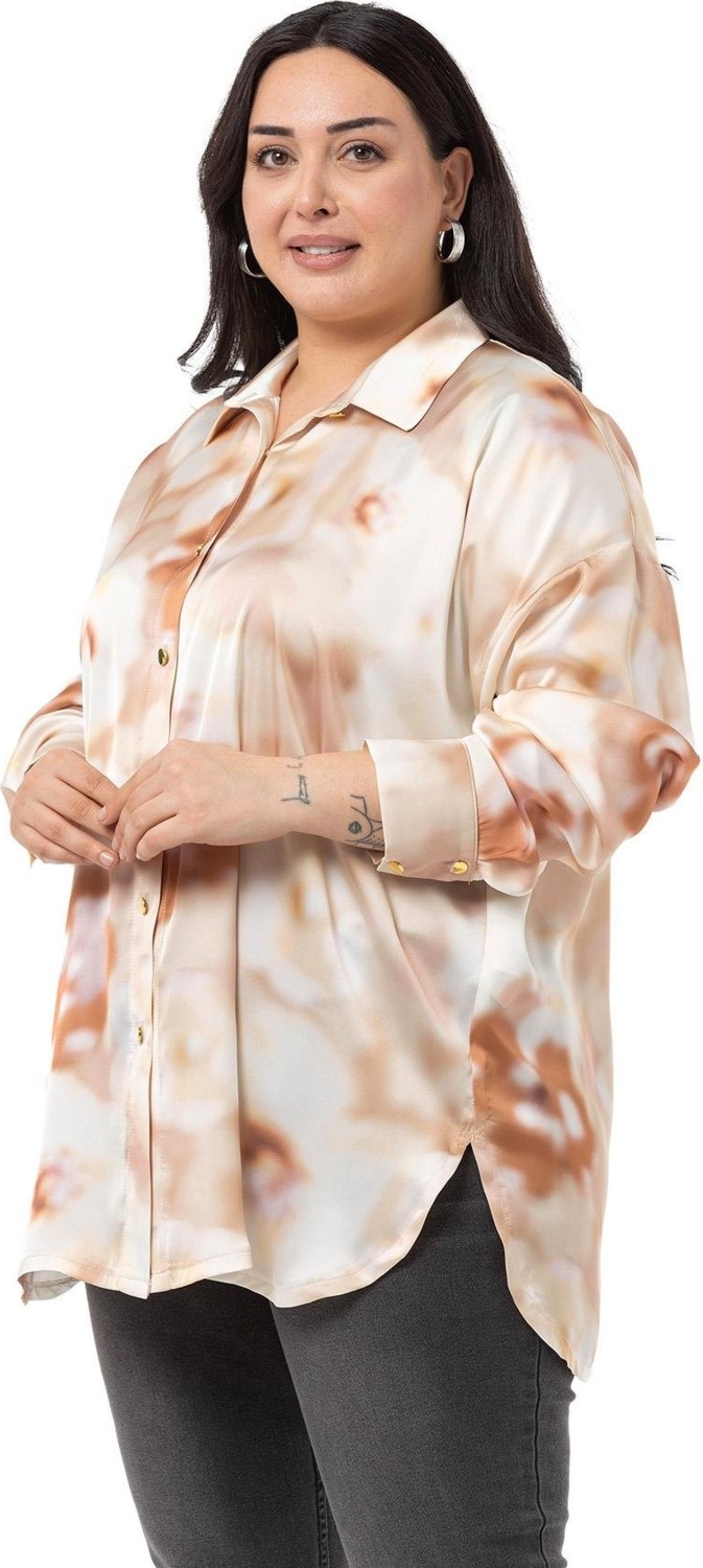 Disentis Modest Büyük Beden Batik Çiçek Desenli Saten Bej Rengi Gömlek görsel 4
