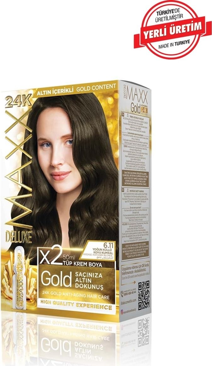 Aesco Maxx Deluxe Gold Serisi 24K Altın Parçacıklı Serum ile 1 Kutu 2 x 50 ml ve Geliştiriciler Saç Boyası (Yoğun Küllü Koyu Kumral 6.11) görsel 3