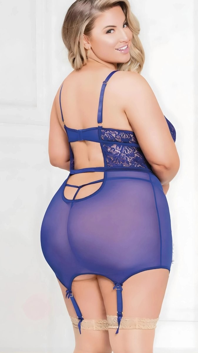 Najmaddin Beru Plus Blue Lace Elegance Özel Tasarım Büyük Beden Mavi Dantel Işlemeli Fantezi Jartiyer Ta görsel 4