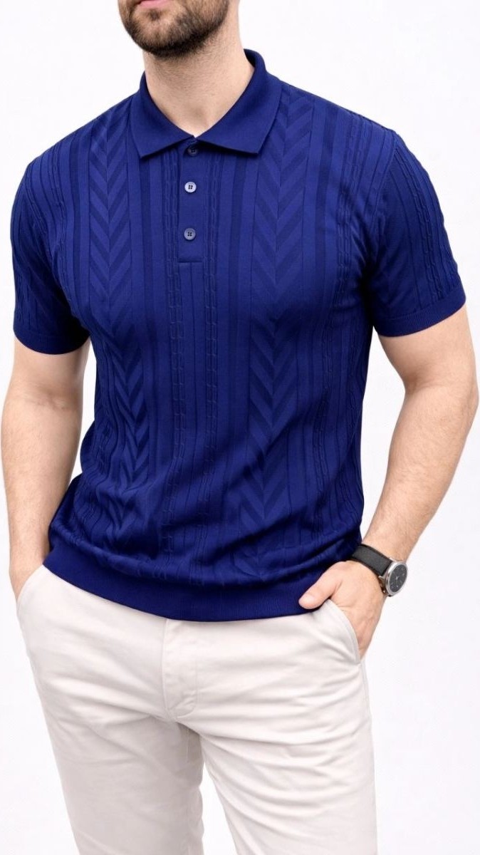 Fantastik Store Erkek Yazlık Triko Tişört Kısa Kol Polo Yaka Düğmeli T-Shirt - Lacivert görsel 2