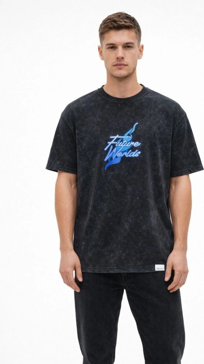 Fantastik Store Erkek Asit Yıkamalı Oversize Tişört Bisiklet Yaka Kısa Kol T-Shirt - Siyah görsel 2