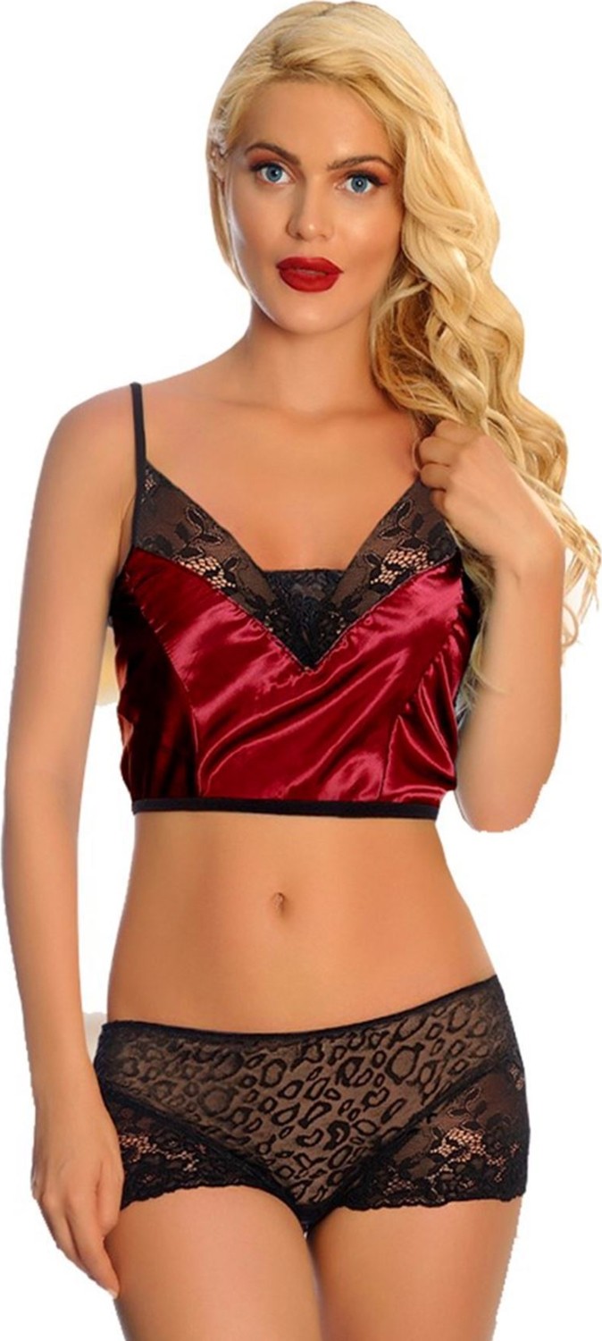 Madameste Bordo Saten Dantelli Babydoll Şortlu Takım - 288
