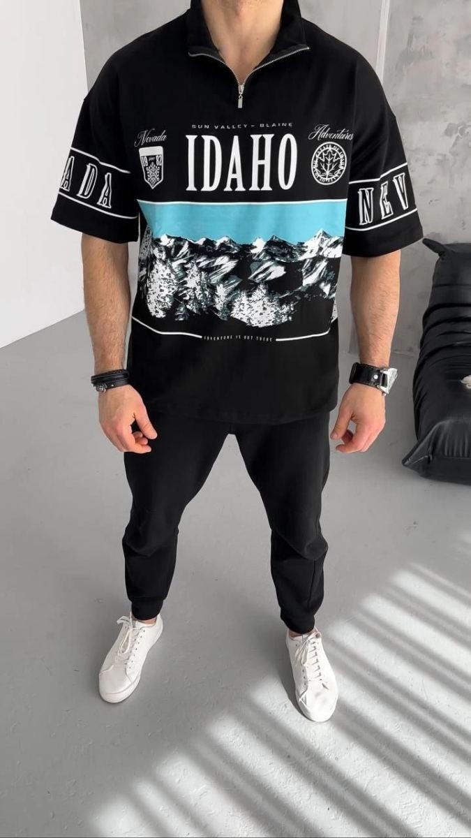 Fantastik Store Erkek Baskılı Yarım Fermuarlı kısa Kol T-Shirt - Siyah