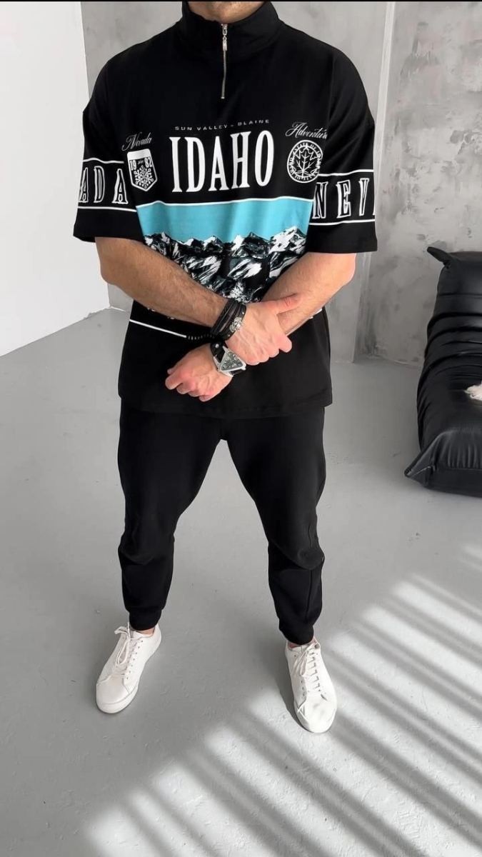 Fantastik Store Erkek Baskılı Yarım Fermuarlı kısa Kol T-Shirt - Siyah görsel 2