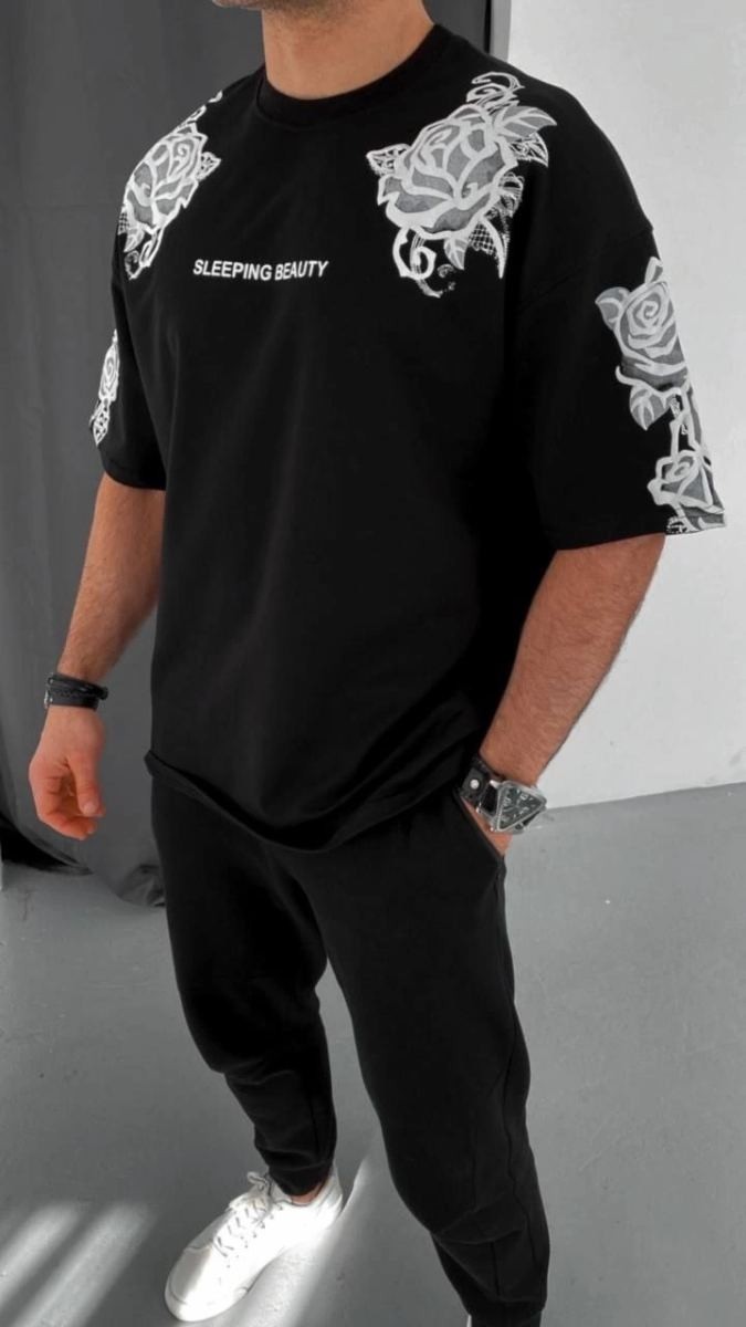 Fantastik Store Erkek Kısa Kol Yazlık Tişört Bisiklet Yaka Baskılı Oversize T-Shirt - Siyah