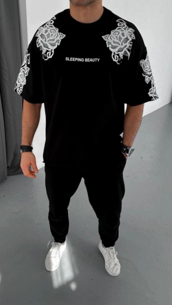 Fantastik Store Erkek Kısa Kol Yazlık Tişört Bisiklet Yaka Baskılı Oversize T-Shirt - Siyah görsel 3