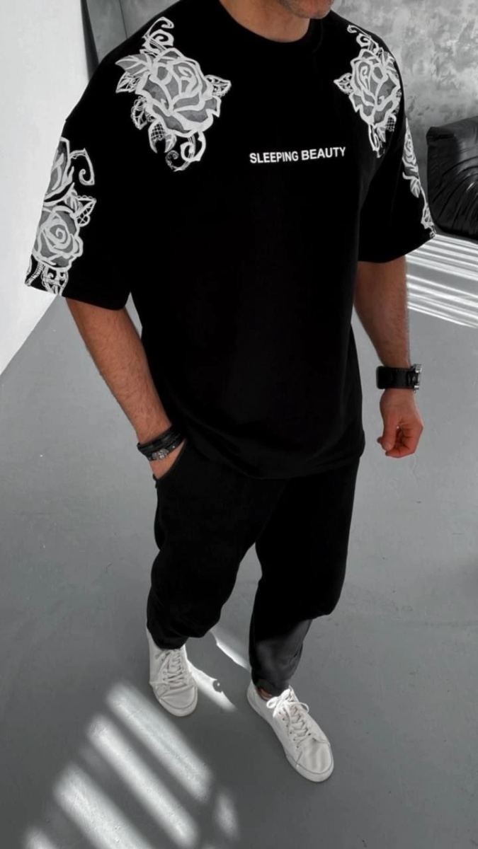 Fantastik Store Erkek Kısa Kol Yazlık Tişört Bisiklet Yaka Baskılı Oversize T-Shirt - Siyah görsel 4