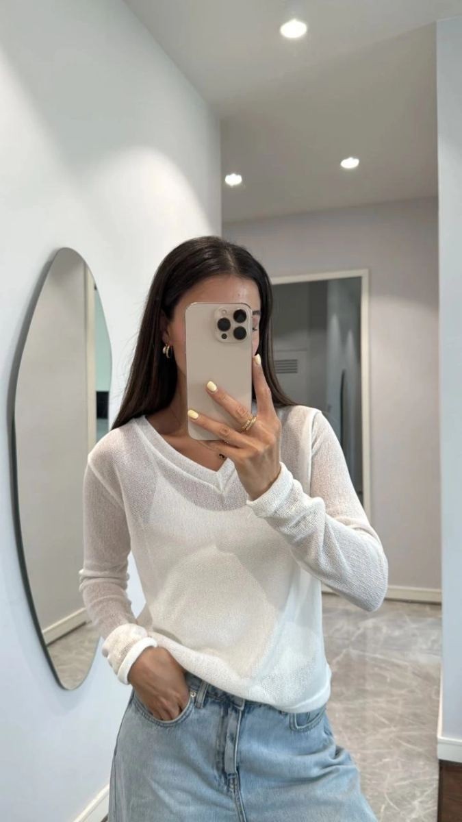 Fantastik Store Kadın V Yaka Uzun Kollu Triko Ince Bluz - Beyaz