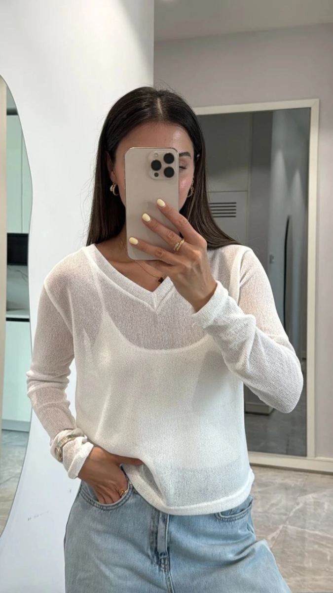 Fantastik Store Kadın V Yaka Uzun Kollu Triko Ince Bluz - Beyaz görsel 2