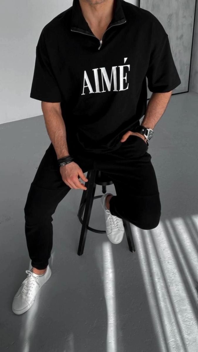 Fantastik Store Erkek Tişört Yakalı Yarım Fermuarlı kısa Kol Baskılı T-Shirt - Siyah görsel 2