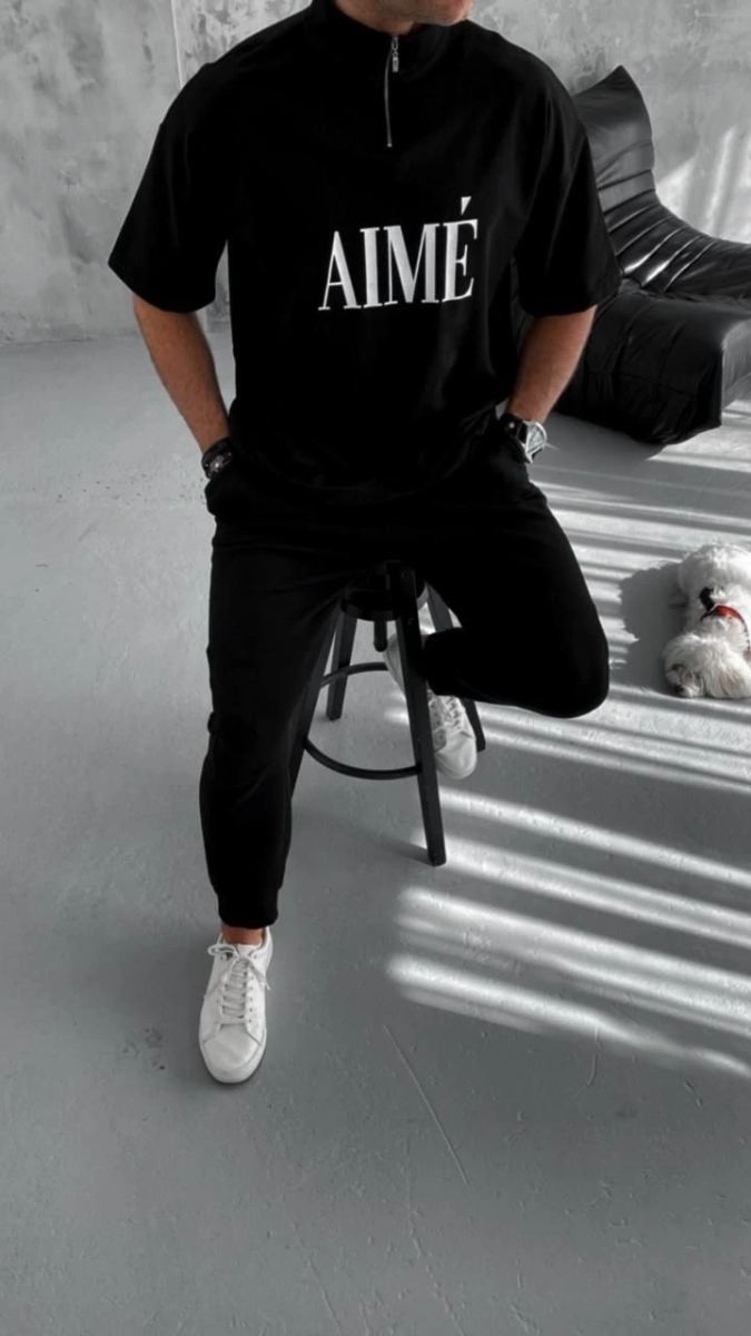 Fantastik Store Erkek Tişört Yakalı Yarım Fermuarlı kısa Kol Baskılı T-Shirt - Siyah görsel 3