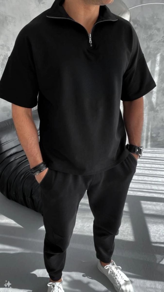 Fantastik Store Erkek Yarım Fermuarlı Kısa Kol T-Shirt - Siyah görsel 3