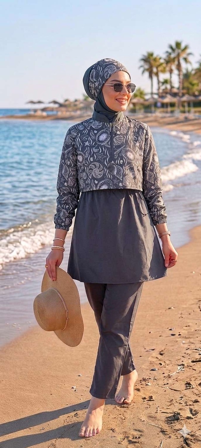 Besa Tesettür Bandana Mayo Dijital Desenli Siyah 4 Parça Eşarp Bone, Bandana, Üst, Alt Takım Ten ve Vücut Hatlarını Göstermez görsel 7