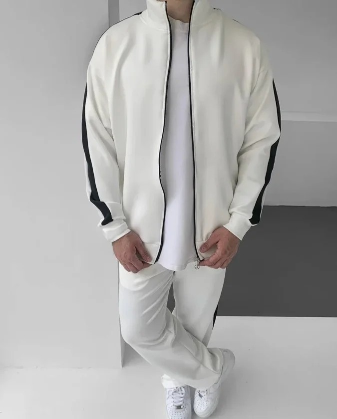 Gökyüzü Moda Erkek Scuba Kumaş Oversize Şerit Detaylı Fermuarlı Alt Üst Eşofman Takımı - Beyaz