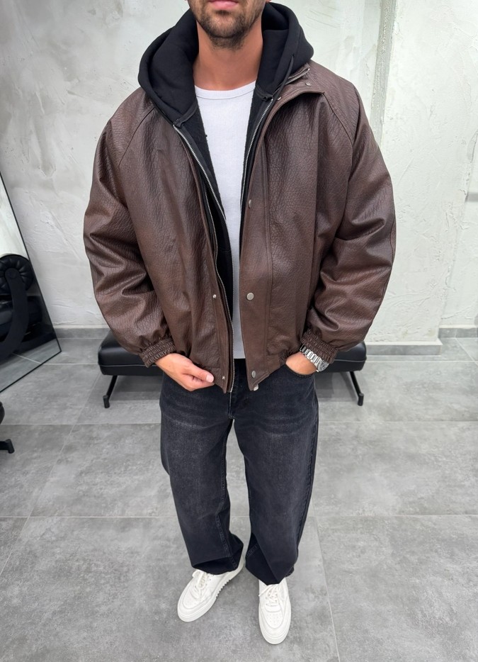 Difransel Jeans Oversize Kahve Suni Deri Bomber Ceket görsel 3