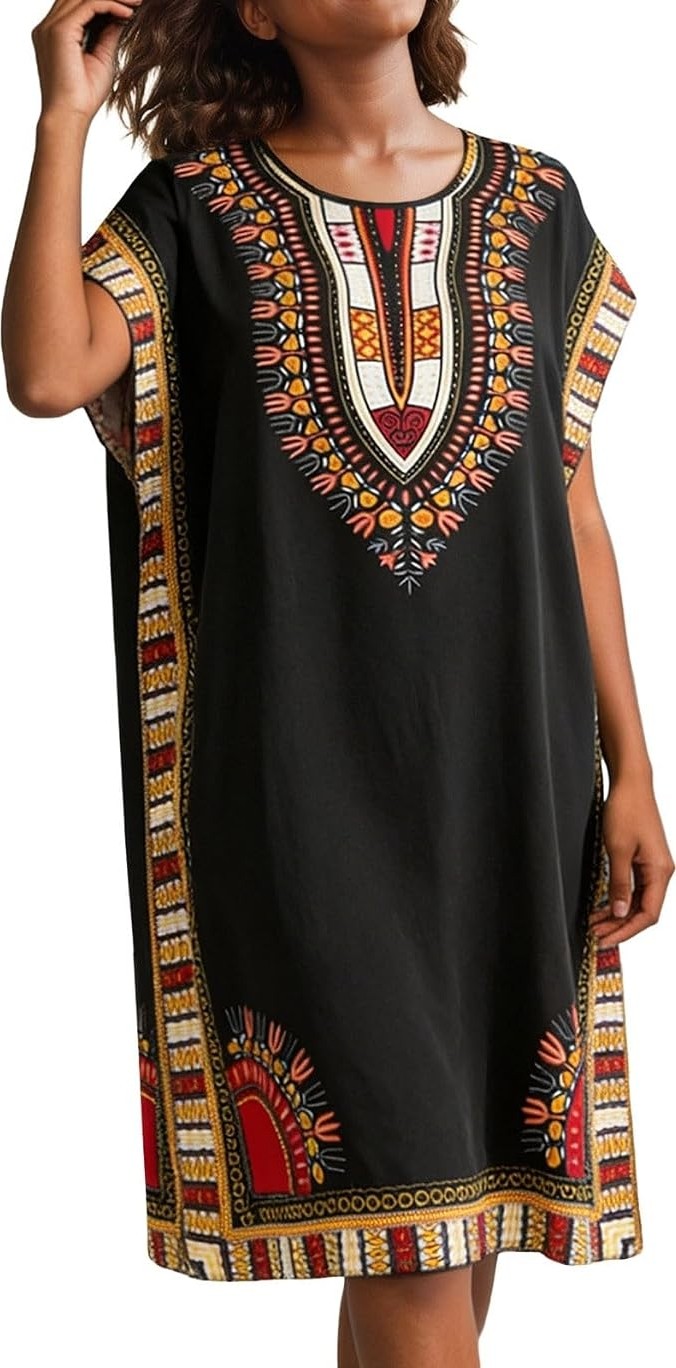 Ata Afrika Desenli Kaftan Elbise, Bol Kesim Dashiki Tunik Elbise, Günlük Etnik Desenli Kaftan Ev Elbisesi, Yazlık Rahat