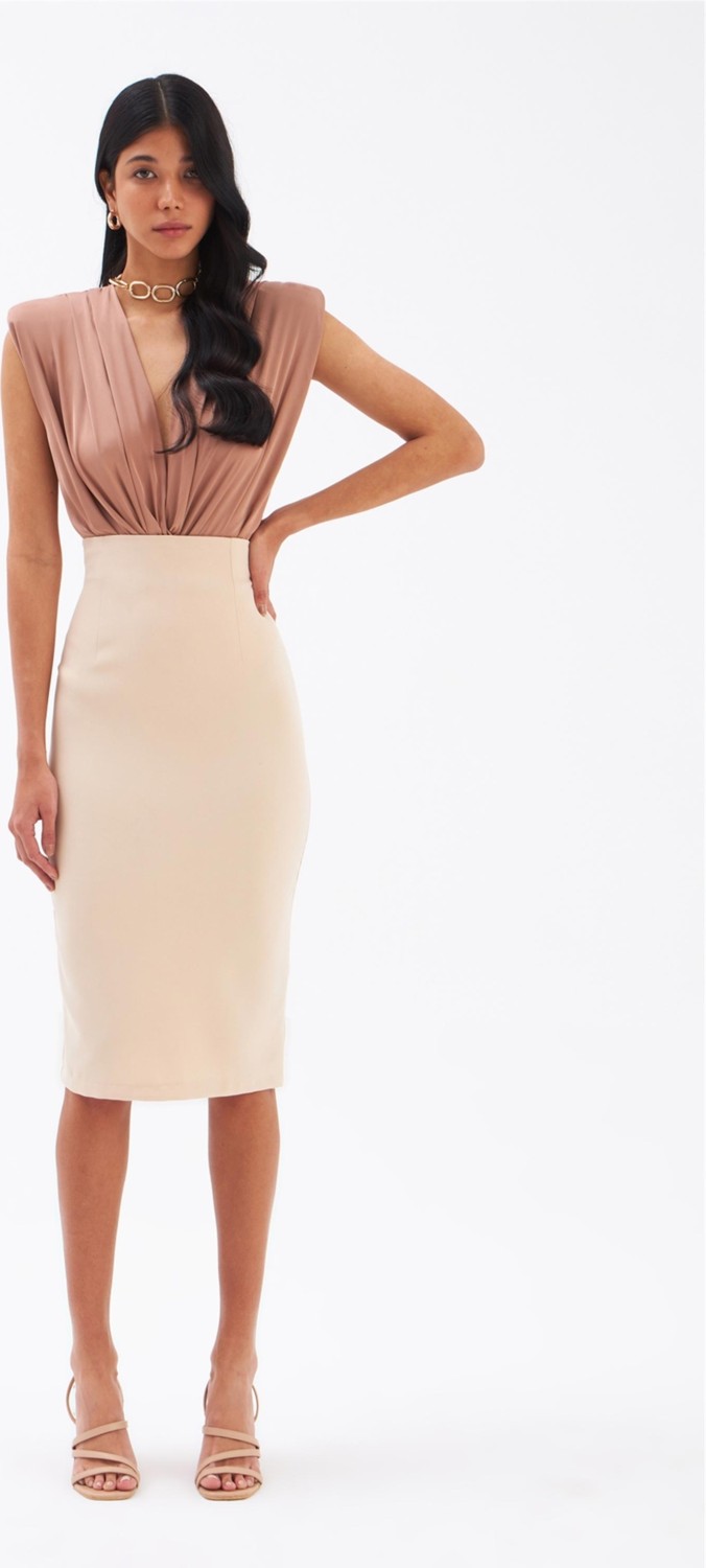 Sateen Düz Kalem Etek - Bej