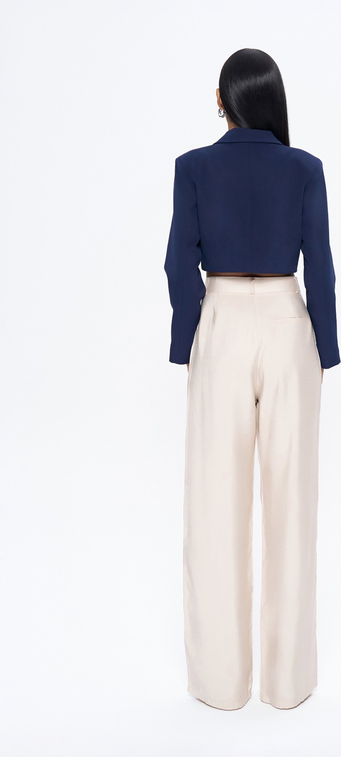 Quzu Kadın Kruvaze Crop Blazer Ceket Lacivert Dokuma Cepli Stil Casual görsel 8