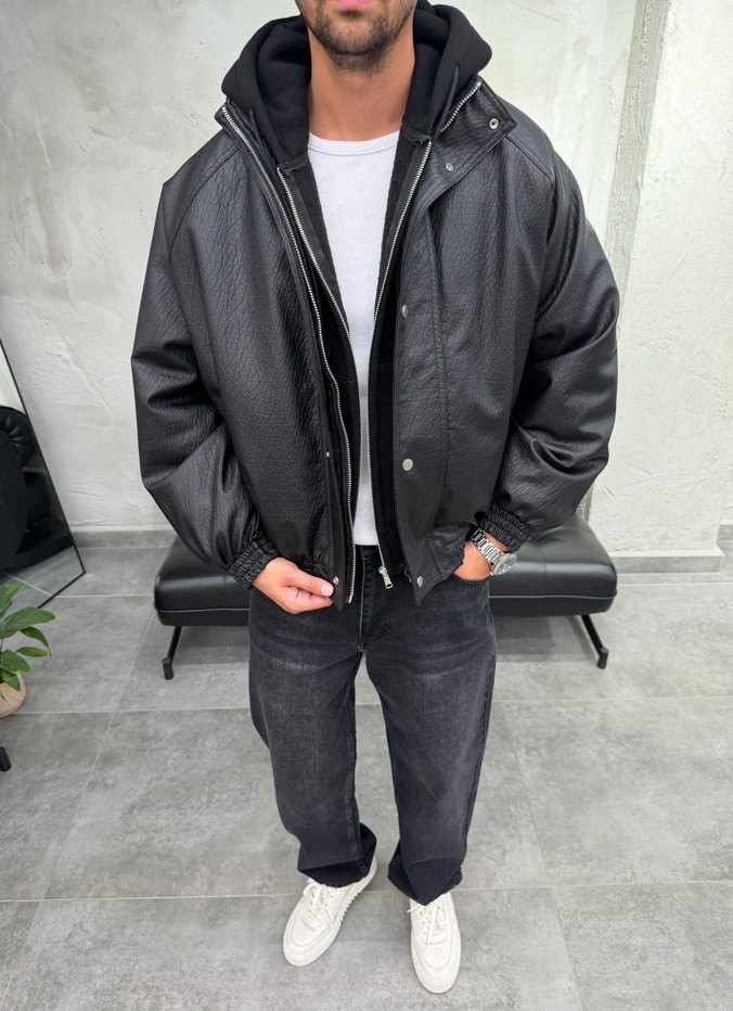 Difransel Jeans Oversize Kahve Suni Deri Bomber Ceket görsel 4