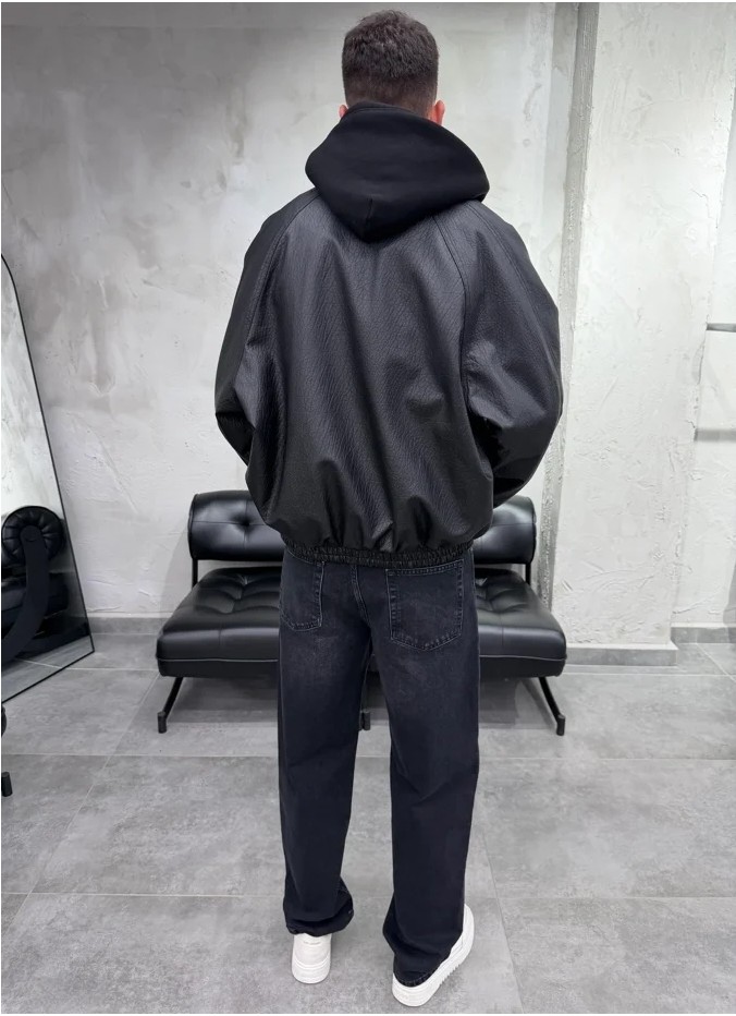 Difransel Jeans Oversize Kahve Suni Deri Bomber Ceket görsel 5
