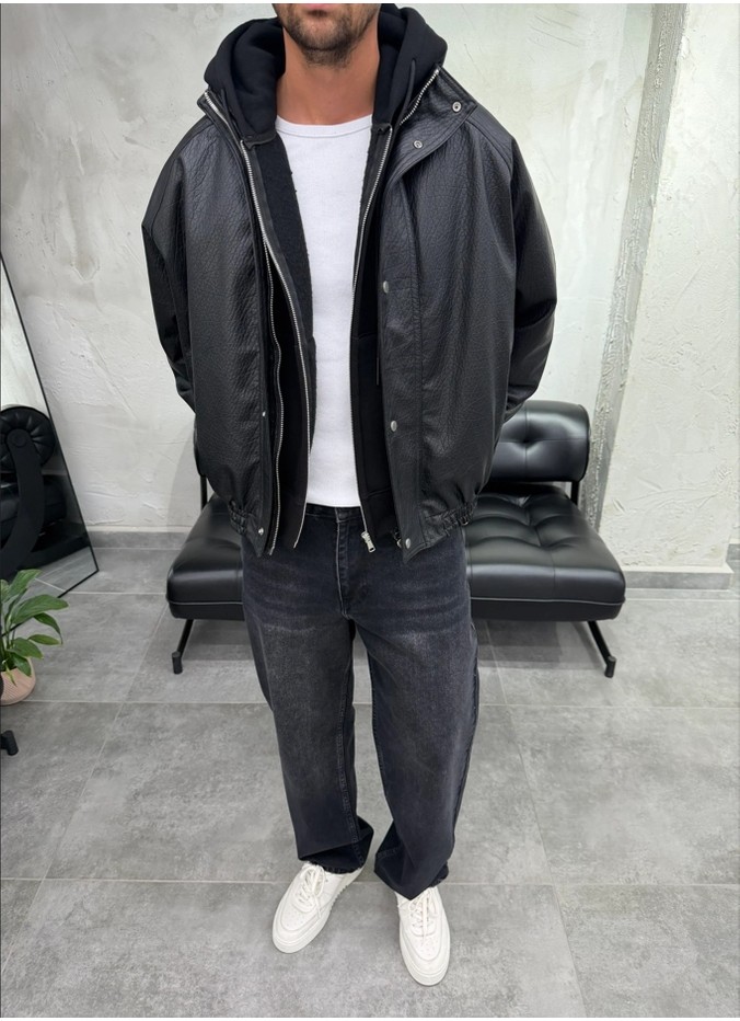 Difransel Jeans Oversize Kahve Suni Deri Bomber Ceket görsel 6
