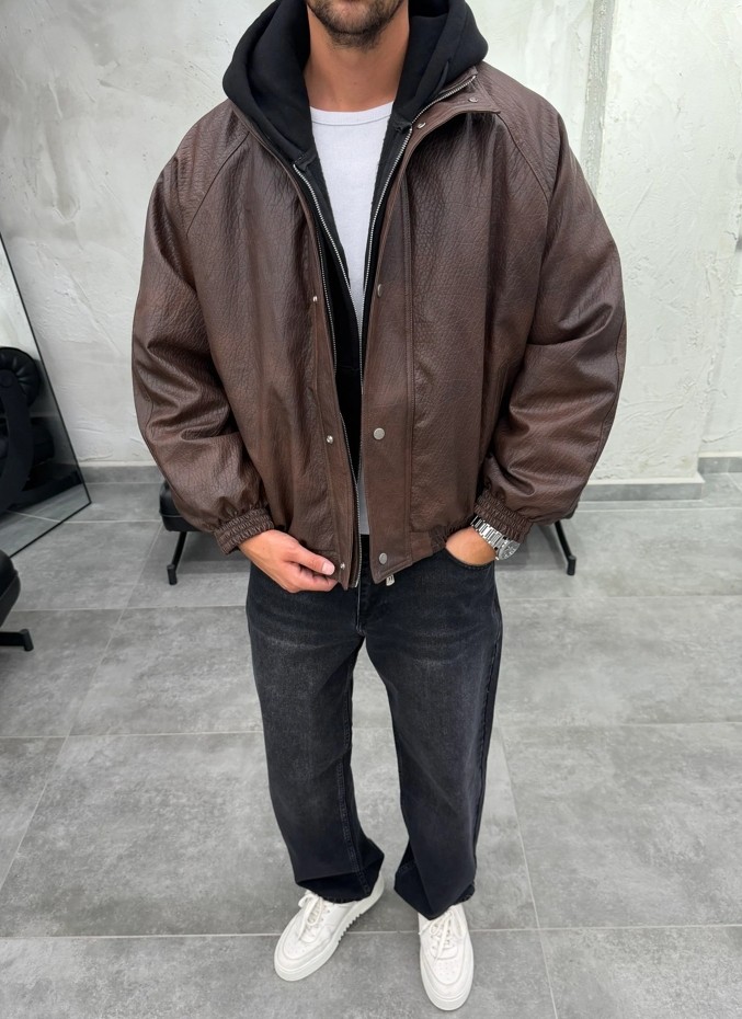 Difransel Jeans Oversize Kahve Suni Deri Bomber Ceket