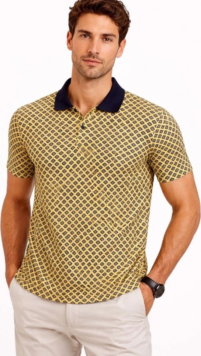 Fantastik Store Erkek Pike Kumaş Polo Yaka Desenli Tişört Kısa Kol Yazlık T-Shirt - Sarı