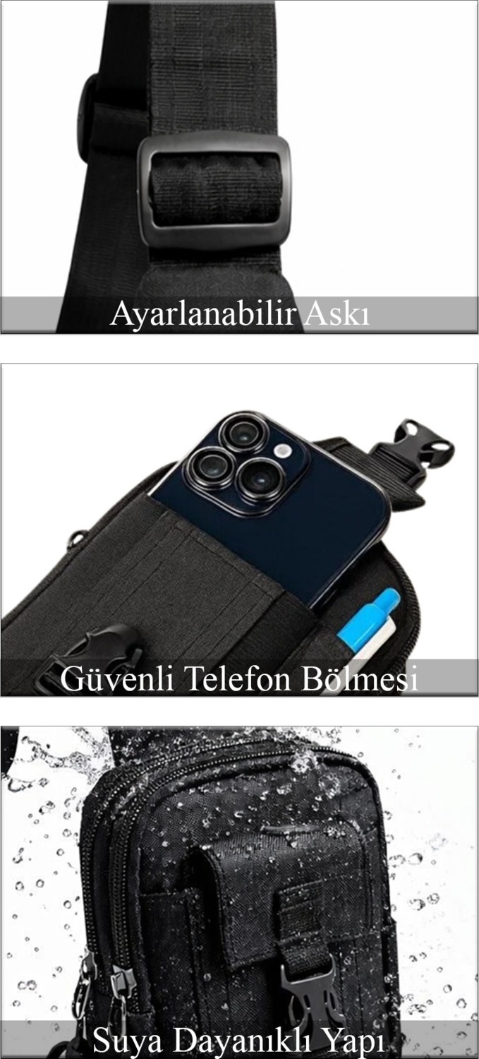 Av A Dos Siyah Unisex Telefon Bölmeli Naylon Taktik Çapraz Bel Çanta Suya Dayanıklı Astarlı görsel 2