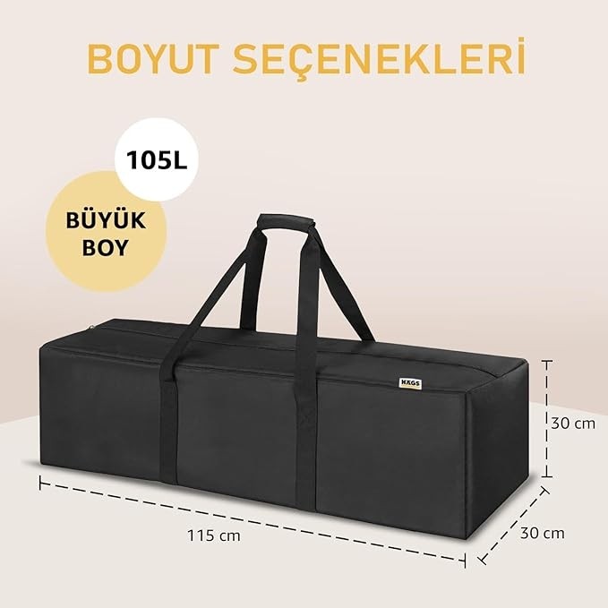Bemy Ticaret Taşıma Çantası, Fermuarlı Dayanıklı Seyahat Spor, Bagaj, Kamp Malzemeleri Saklama Çantası, 105L (115 x 30 x 30 Cm) Siyah görsel 2