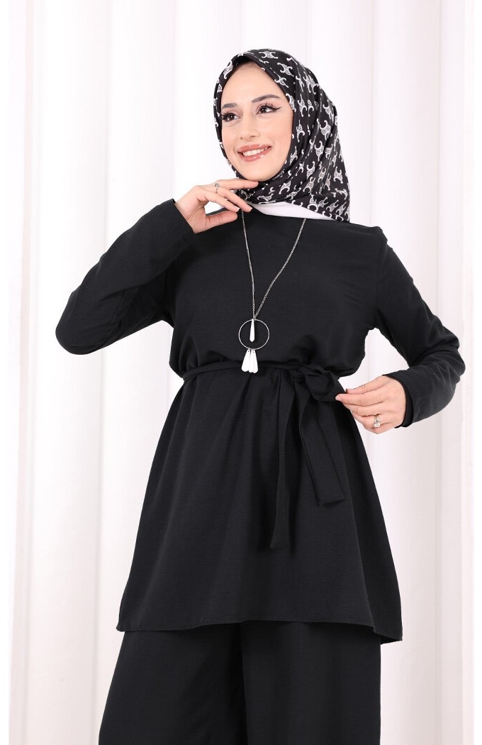 Bym Fashion Kolyeli Tunik Pantolon Takım 8027 Vizon görsel 5