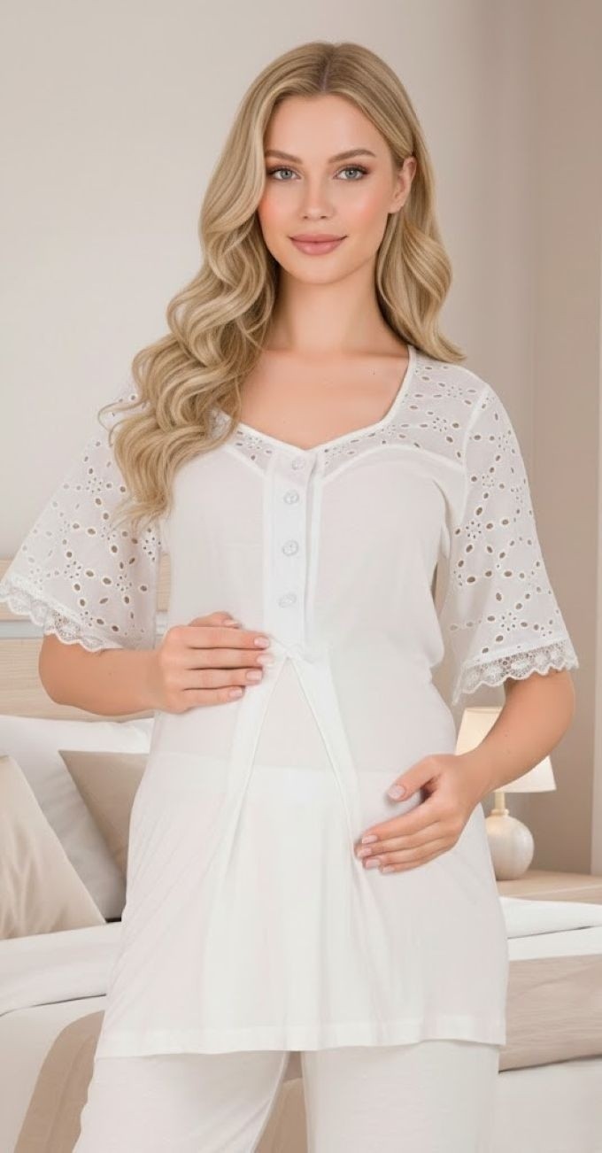 raia Yeni Sezon Pudra Kısa Kol Fisto Keten Detaylı Özel Tasarım Yazlık Hamile Lohusa Pijama Takımı görsel 2