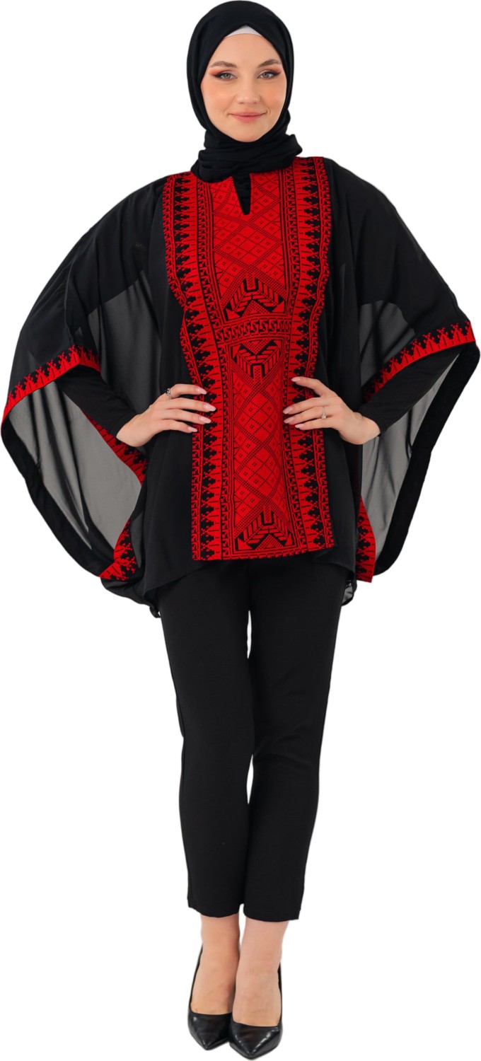 Zaytoon Tesettür Panço Filistin Nakışlı Bol Kollu Oversize Kadın Kap Ponço Freesize görsel 5