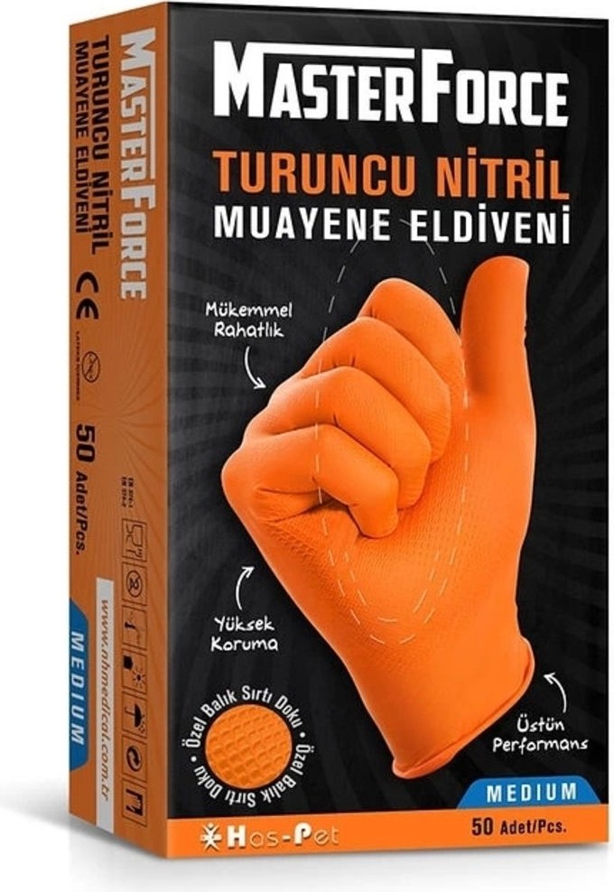 Mediterian Turuncu Nitril Eldiven Pudrasız, Esnek ve Dayanıklı, Beyaz, Dokuma Kumaş, Type 1 Yıkama