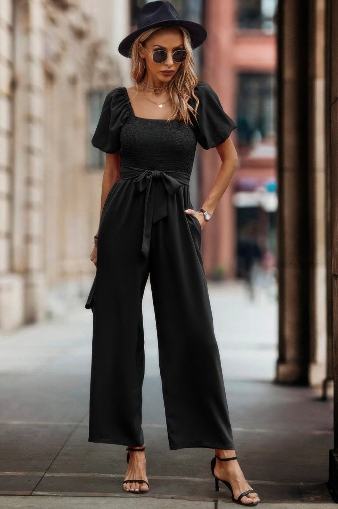 Oada Kadın Kısa Kollu Kare Yakalı Göğsü Gipeli Belden Kuşaklı Uzun Janjan Tulum