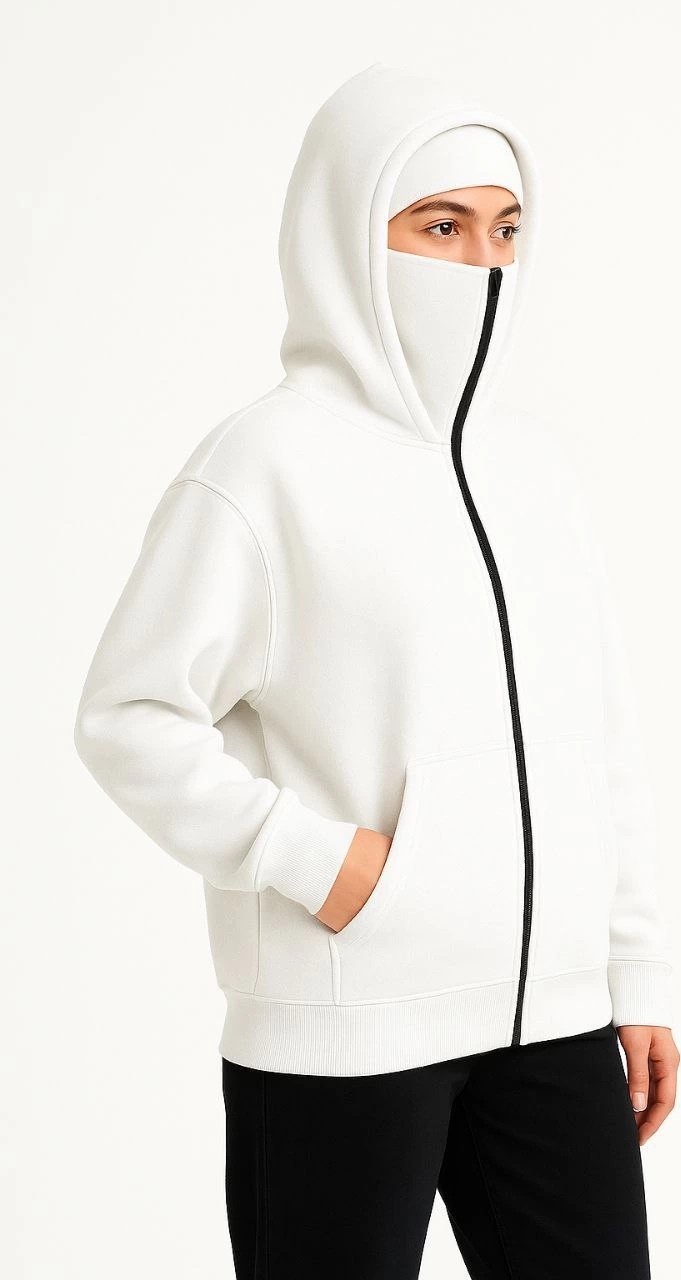 Tarz Yeri Kadın Samuray Ninja Çift Kapüşonlu Maske Detaylı 3 Iplik Hoodie - Beyaz