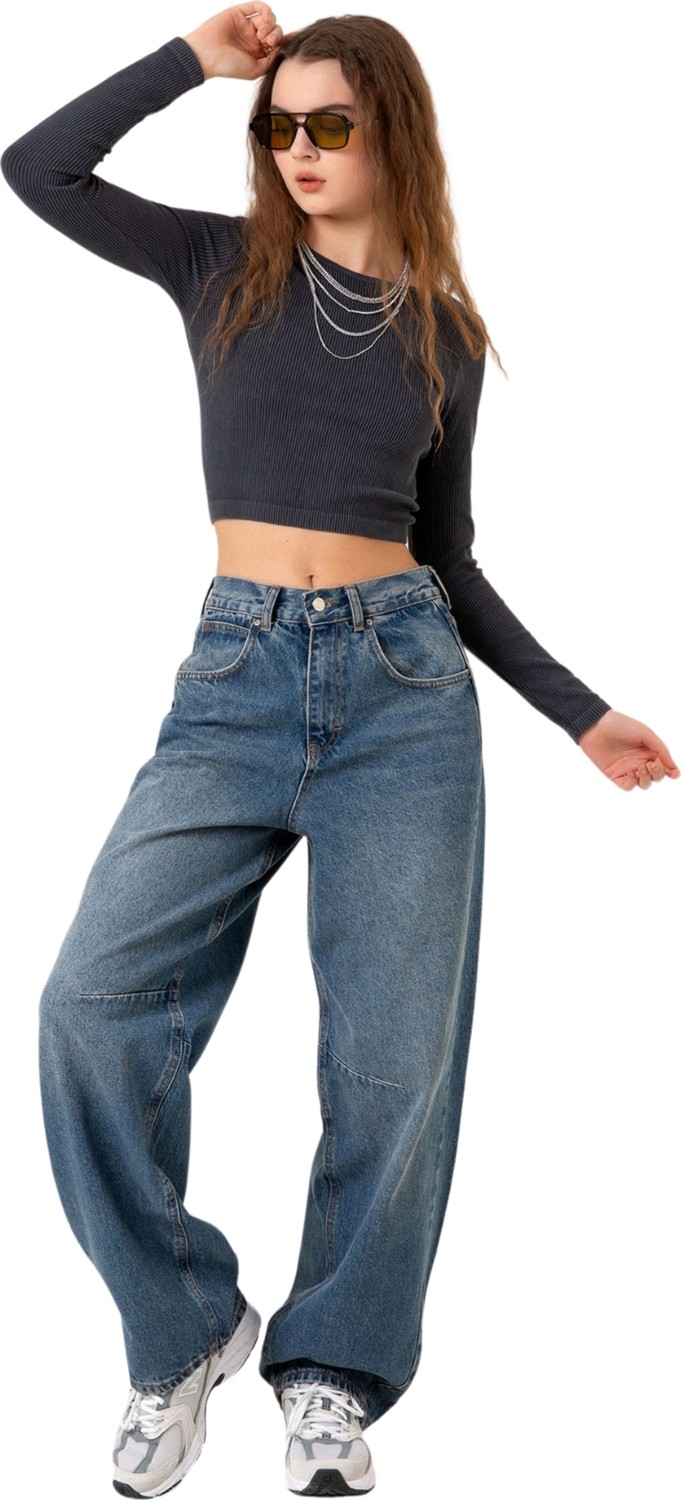 Domoda Toka Detaylı Bol Kesim Geniş Paça Rahat Baggy Jean Kot Salaş Kadın Pantolon @milano